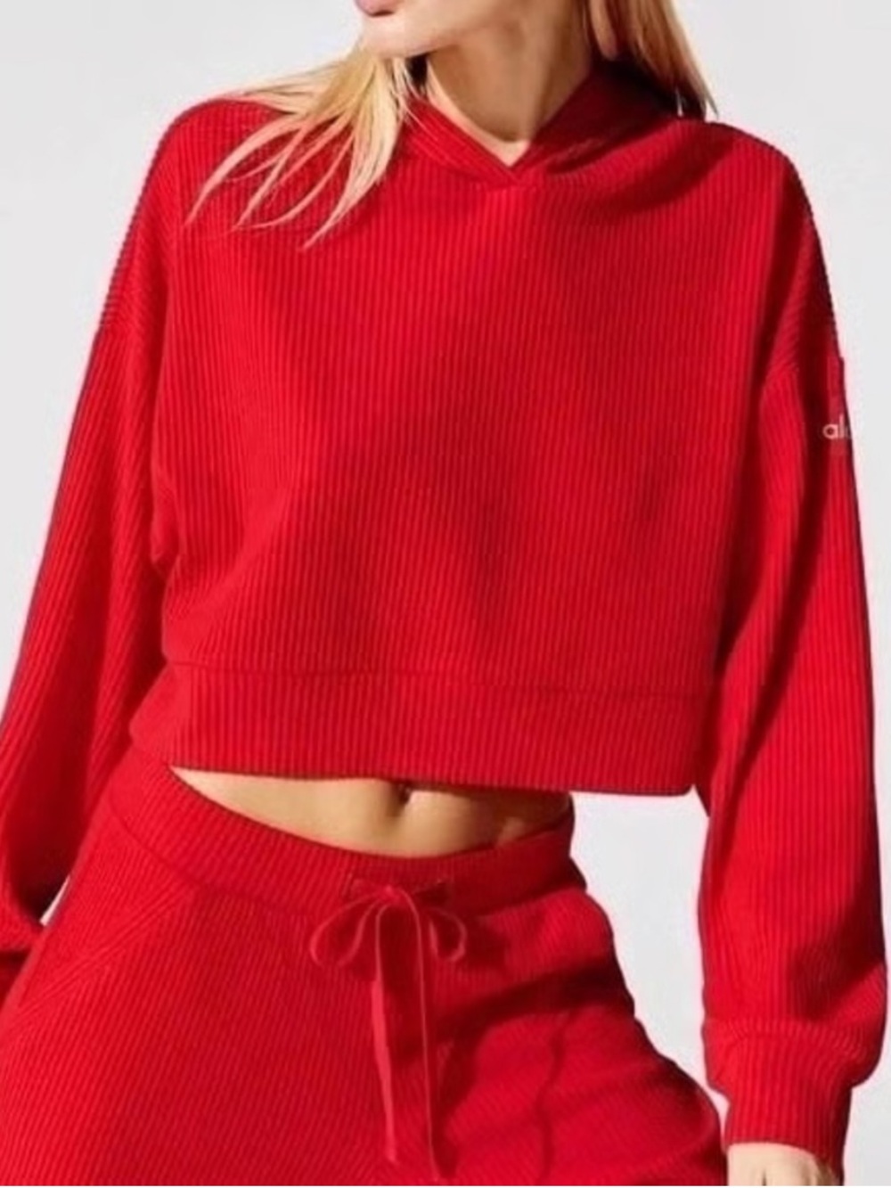 ALO Yoga Muse Hoodie Cropped Ribbed Scarlet Red Size Small - Picture 5 of 8